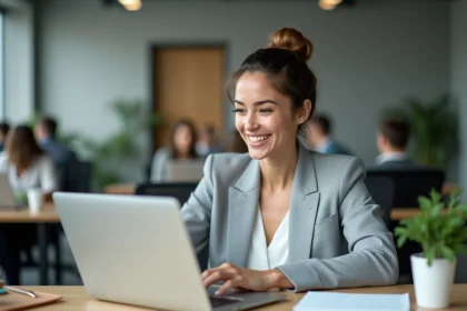 Salariée satisfaite consultant son espace RH numérique MyPeopleDoc sur un ordinateur portable au bureau