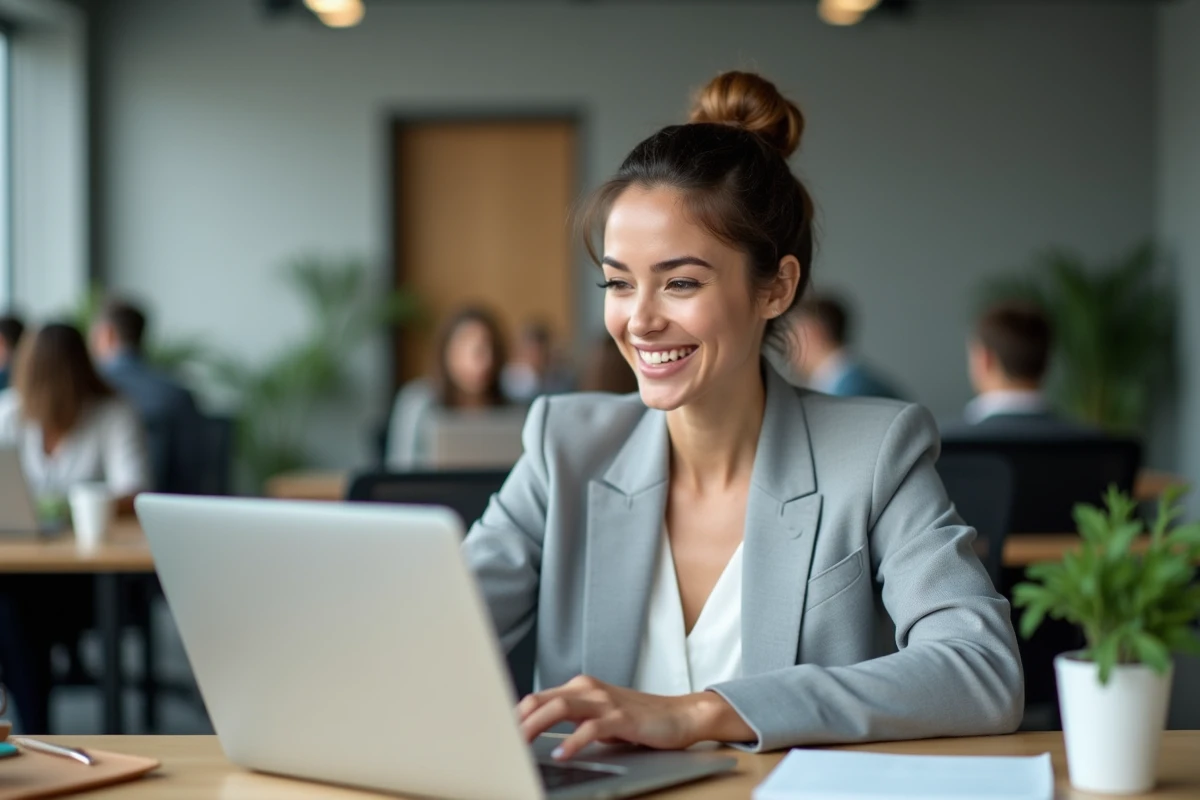 Salariée satisfaite consultant son espace RH numérique MyPeopleDoc sur un ordinateur portable au bureau