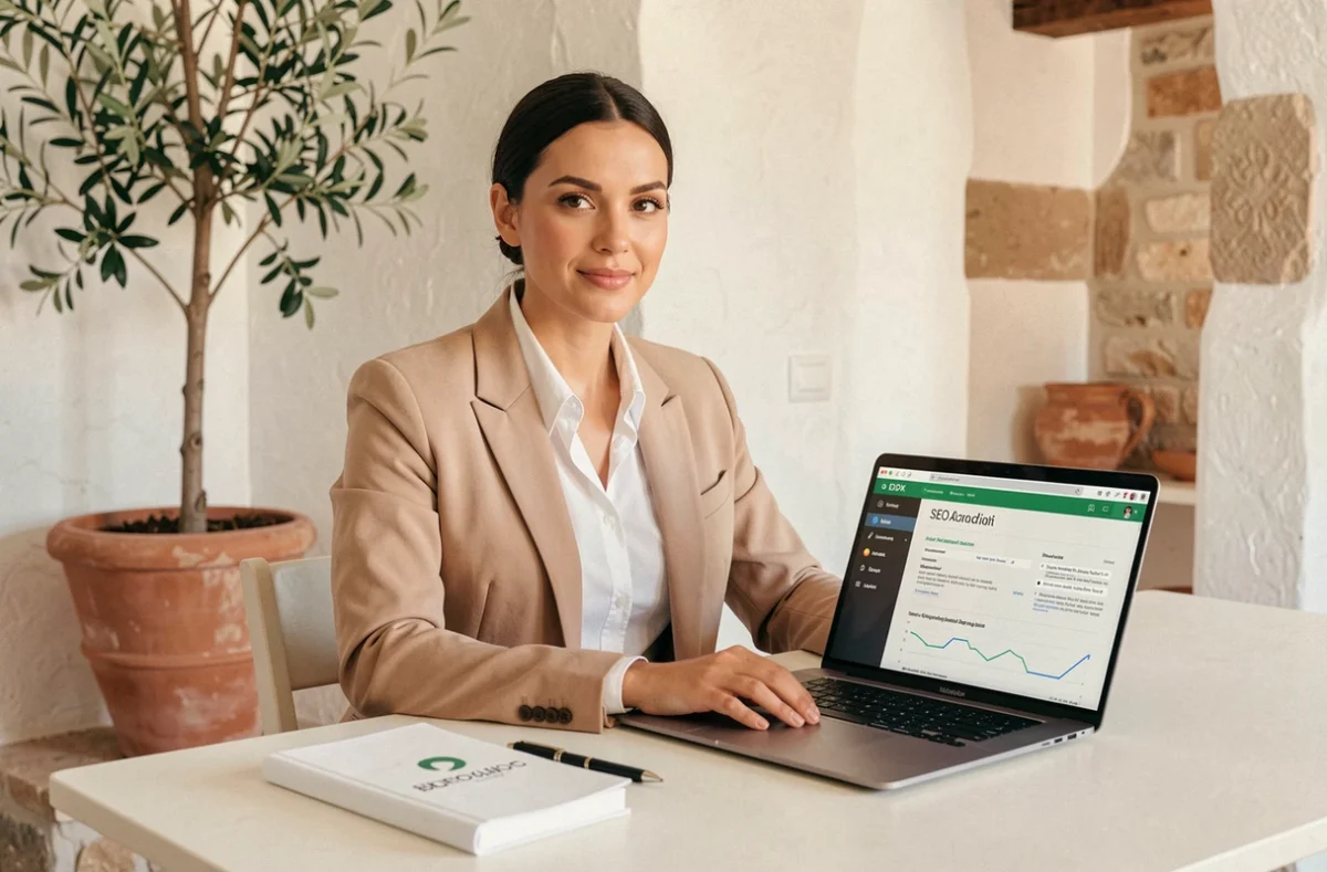 Sarah El Gharbi, consultante SEO indépendante, travaillant sur un audit de référencement naturel dans un espace de travail méditerranéen