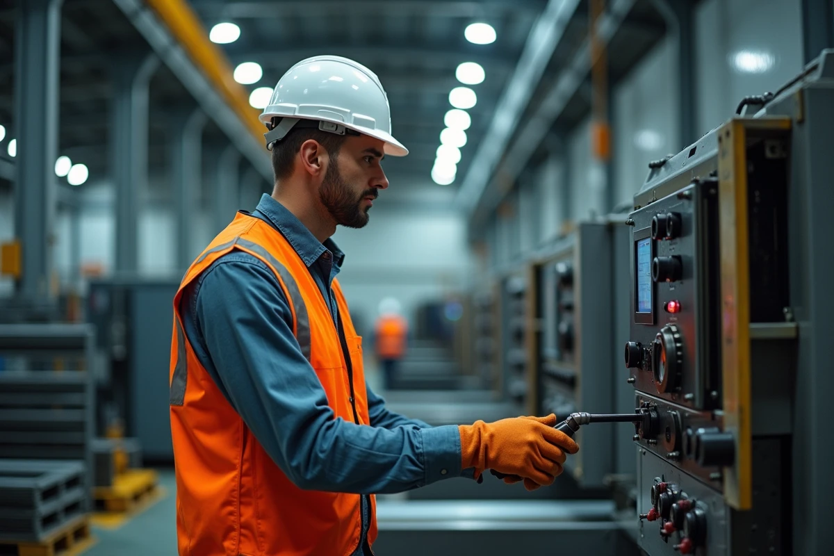 Ouvrier industriel sur une machine CNC dans une usine illustrant le secteur secondaire