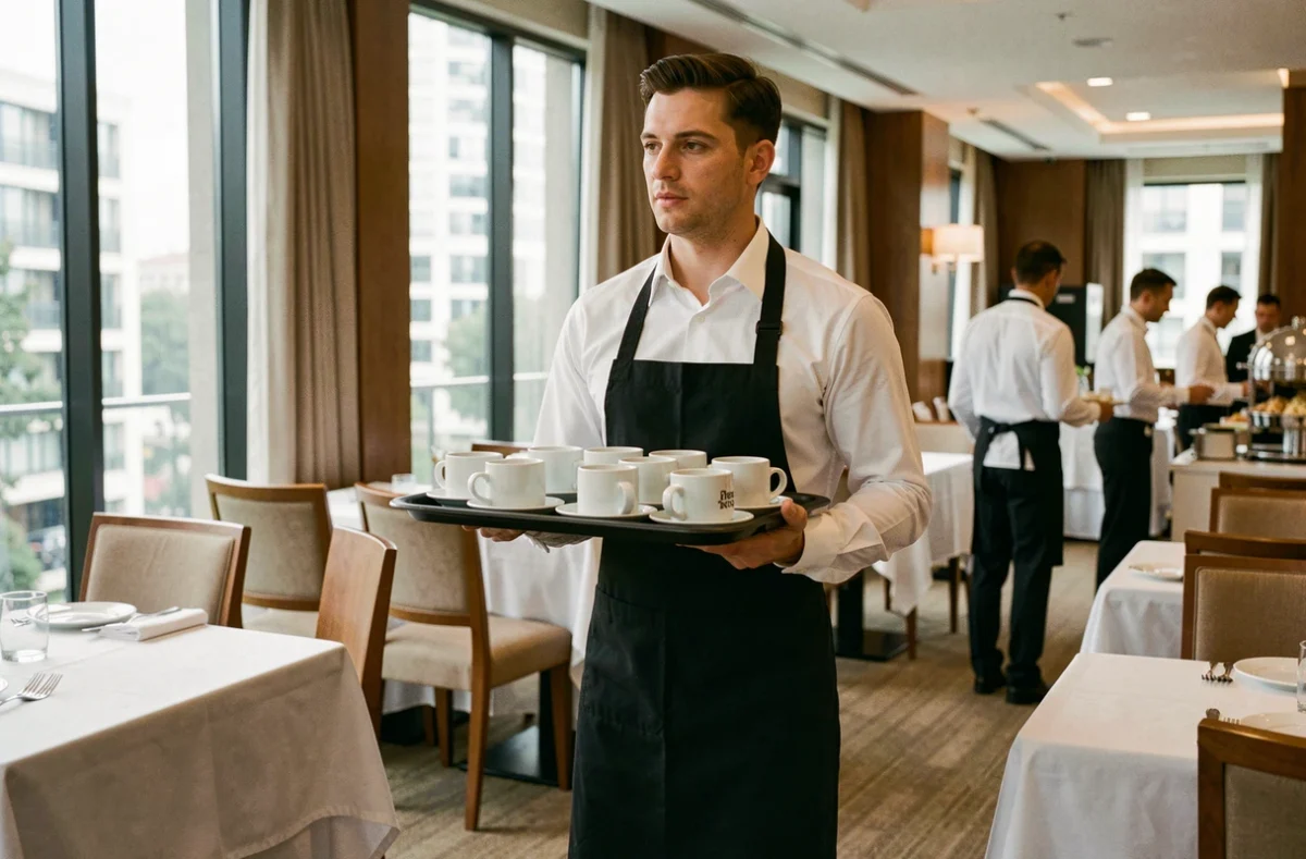 Serveur d'hôtel extra portant un plateau en salle de petit-déjeuner, représentant les contrats extras dans l'hôtellerie