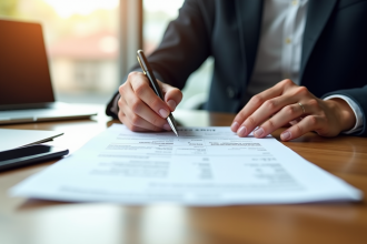 Main d'un professionnel signant un contrat d'affaires