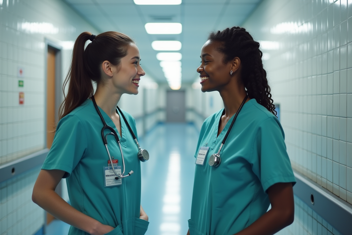Deux soignantes discutant dans un couloir d