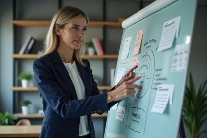 Femme professionnelle présentant une structure d'offre B2B sur un tableau blanc dans un bureau moderne