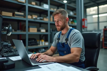 Technicien en overalls bleus travaillant sur un ordinateur dans un atelier