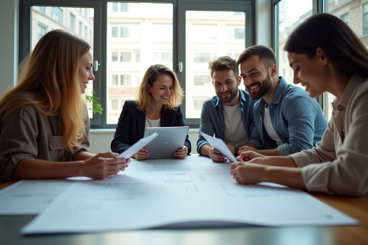 Groupe de personnes collaborant autour de plans et tablettes