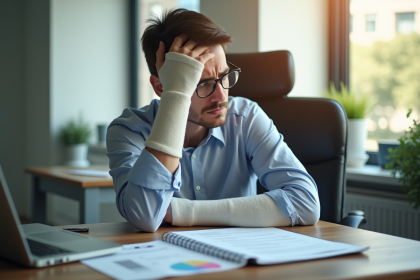 Employé inquiet au bureau avec plâtre et documents médicaux
