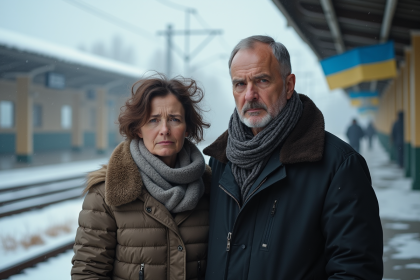 Couple ukrainien au train station en hiver