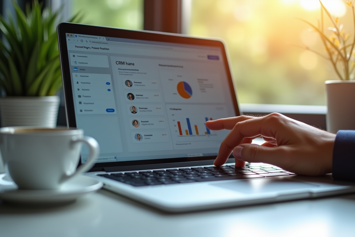 Main utilisant un ordinateur portable avec interface CRM et graphiques