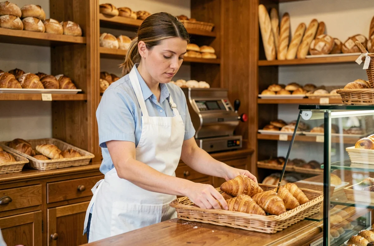 Vendeuse en boulangerie arrangeant des croissants derrière le comptoir d'une boulangerie artisanale française