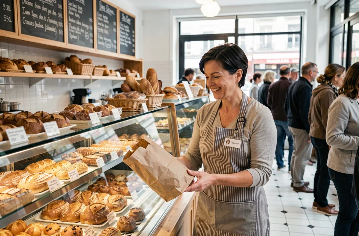 Vendeuse en boulangerie remettant un sac de pain à un client lors d'une matinée chargée en boulangerie urbaine