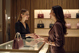 Vendeuse élégante dans une boutique de luxe accueillant un client
