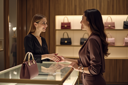 Vendeuse élégante dans une boutique de luxe accueillant un client