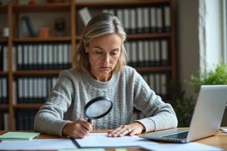 Femme vérifiant des documents officiels d'une entreprise avant d'investir, scrutant un certificat avec une loupe sur un bureau encombré de papiers