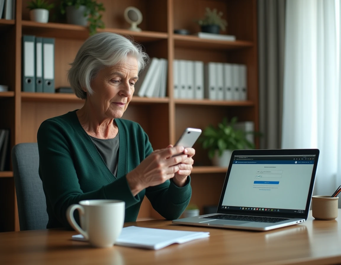 Femme vérifiant l'email de réinitialisation de mot de passe GTm La Poste sur smartphone depuis son bureau à domicile