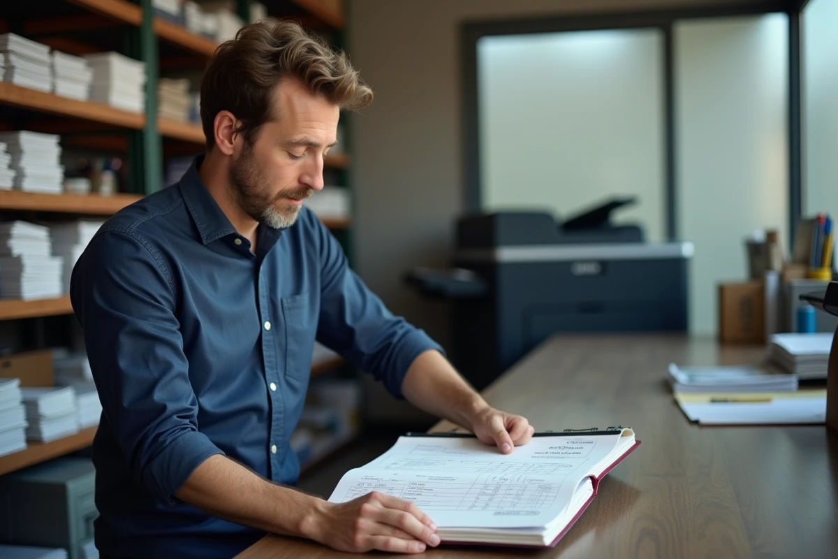 Gérant d'imprimerie vérifiant une facture et un relevé d'entreprise pour identifier une ligne comptable Natio Flers en escre