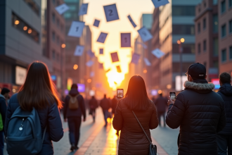 Ville moderne au lever du jour avec des pages de calendrier flottantes