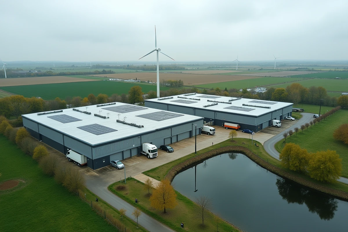 Vue aérienne d'un parc éco-industriel avec panneaux solaires et espaces verts en Poitou-Charentes